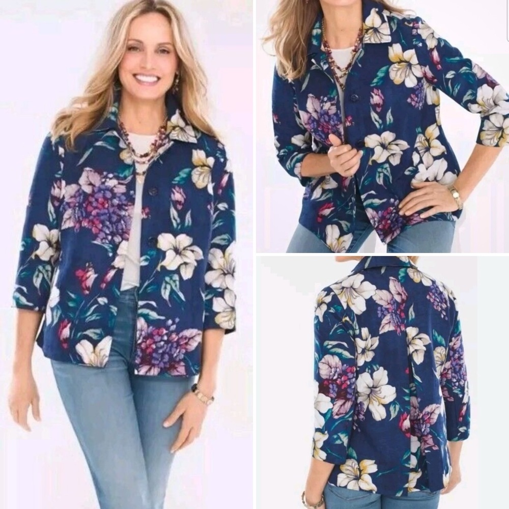 Chico's Vibrant Floral Textured Jacket Blazer Women's Medium